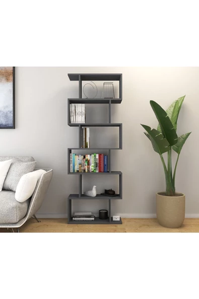 Mirobi 6 Raflı Kitaplık Dekoratif Raf Zigzag Kitaplık Antrasit - 2