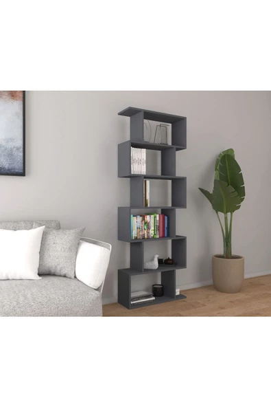 Mirobi 6 Raflı Kitaplık Dekoratif Raf Zigzag Kitaplık Antrasit - 3