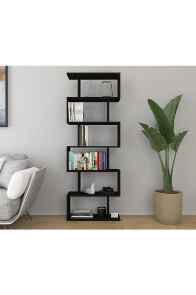 Mirobi 6 Raflı Kitaplık Dekoratif Raf Zigzag Kitaplık Siyah - 3