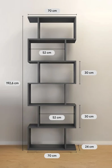Mirobi 6 Raflı Kitaplık Dekoratif Raf Zigzag Kitaplık Antrasit - 4