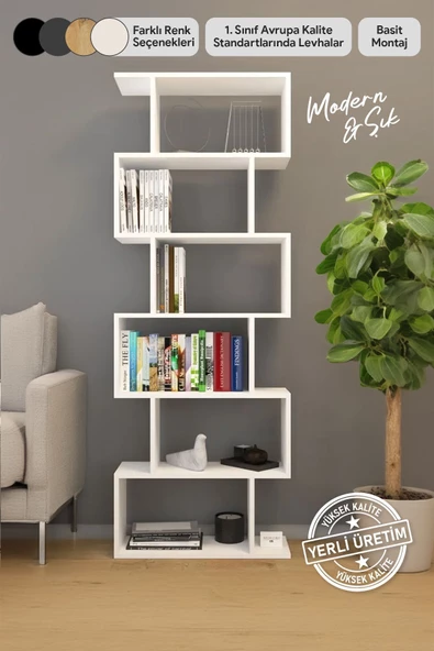 Mirobi 6 Raflı Kitaplık Dekoratif Raf Zigzag Kitaplık Beyaz