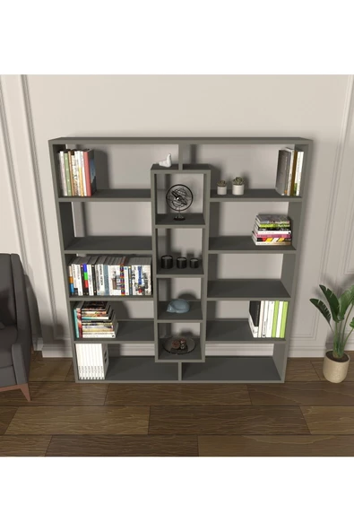 Mirobi Kiola 14 Bölmeli Dekoratif Açık Tasarım Kitaplık Modern Kitaplık Antrasit - 3