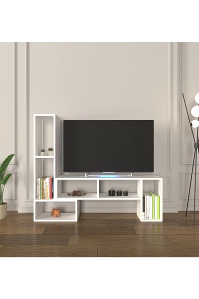 Mirobi Çok Şekilli Fonksiyonel Tv Sehpası, Dekoratif Sehpa-Kitaplık, Blok Tv Ünitesi, Beyaz - 2