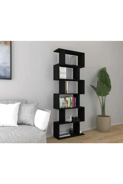 Mirobi 6 Raflı Kitaplık Dekoratif Raf Zigzag Kitaplık Siyah - 2