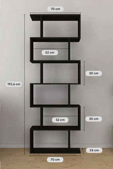 Mirobi 6 Raflı Kitaplık Dekoratif Raf Zigzag Kitaplık Siyah - 4