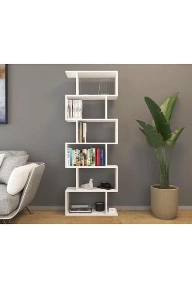 Mirobi 6 Raflı Kitaplık Dekoratif Raf Zigzag Kitaplık Beyaz - 2