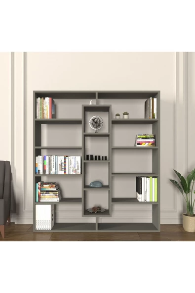 Mirobi Kiola 14 Bölmeli Dekoratif Açık Tasarım Kitaplık Modern Kitaplık Antrasit