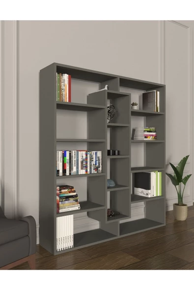 Mirobi Kiola 14 Bölmeli Dekoratif Açık Tasarım Kitaplık Modern Kitaplık Antrasit - 2
