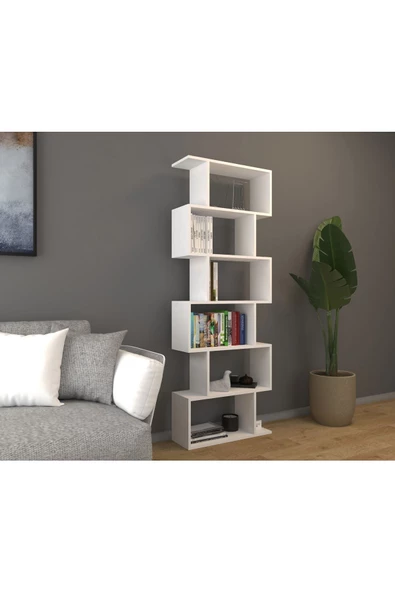 Mirobi 6 Raflı Kitaplık Dekoratif Raf Zigzag Kitaplık Beyaz - 3