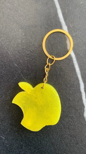 Parlak Limon Sarısı Renkli Apple Elma Şekil Gold Aksesuarlı Epoksi Anahtarlık El Yapımı Hediyelik - Resim 4