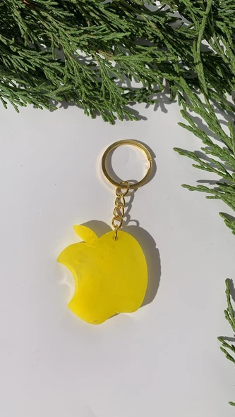 Parlak Limon Sarısı Renkli Apple Elma Şekil Gold Aksesuarlı Epoksi Anahtarlık El Yapımı Hediyelik - Resim 7