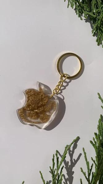 Şeffaf Epoksi İçinde Gold Süslemeli Apple Elma Şekil Gold Aksesuarlı Anahtarlık El Yapımı Hediyelik - Resim 7