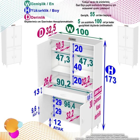 Modilayn YENİ AFRA 100 x 173 x 32,5 cm 1 Çekmece 4 Kapak 5 Raf 8 Bölme Çok Amaçlı Banyo & Mutfak Dolabı  - Resim 4