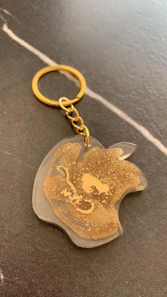 Şeffaf Epoksi İçinde Gold Süslemeli Apple Elma Şekil Gold Aksesuarlı Anahtarlık El Yapımı Hediyelik - Resim 8