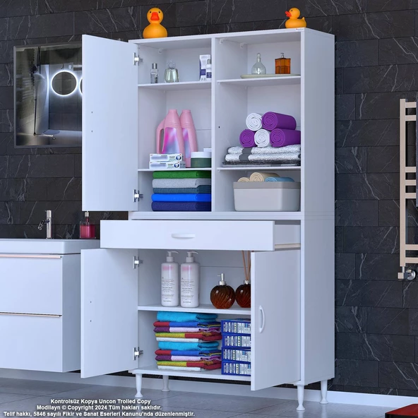 Modilayn AFRA 100x173x32,5 cm 1 Çekmece 3 Kapak 5 Raf 8 Bölme Çok Amaçlı Banyo & Mutfak Dolabı  - 3