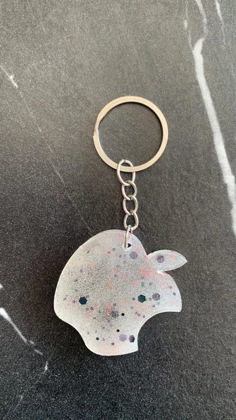 Sedefli Beyaz İçinde Siyah Kırmızı Glitterli Apple Elma Şekil Gümüş Aksesuarlı Anahtarlık El Yapımı - Resim 4