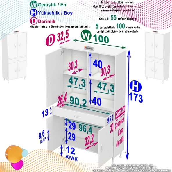 Modilayn YENİ AFRA 100x173x32,5 cm 1 Çekmece 4 Kapak 3 Raf 6 Bölme Çok Amaçlı Banyo & Mutfak Dolabı  - 4