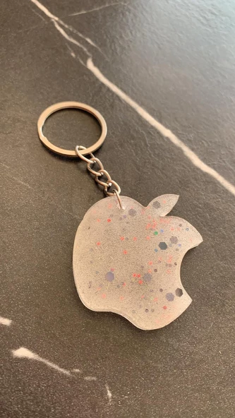 Sedefli Beyaz İçinde Siyah Kırmızı Glitterli Apple Elma Şekil Gümüş Aksesuarlı Anahtarlık El Yapımı - Resim 2
