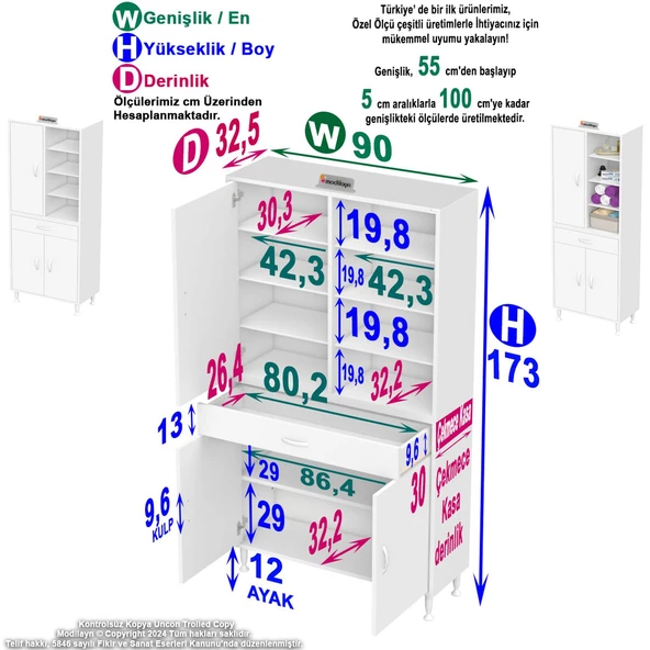 Modilayn AFRA 90x173x32,5 cm 1 Çekmece 3 Kapak 7 Raf 10 Bölme Çok Amaçlı Banyo & Mutfak Dolabı - 4