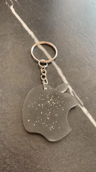 Parlak Siyah Renkli Gümüş Simli Apple Elma Şekil Gümüş Aksesuarlı Anahtarlık El Yapımı Hediyelik - Resim 4