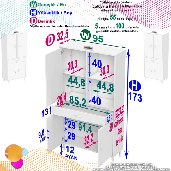 Modilayn YENİ AFRA 95x173x32,5 cm 1 Çekmece 4 Kapak 3 Raf 6 Bölme Çok Amaçlı Banyo & Mutfak Dolabı - 4