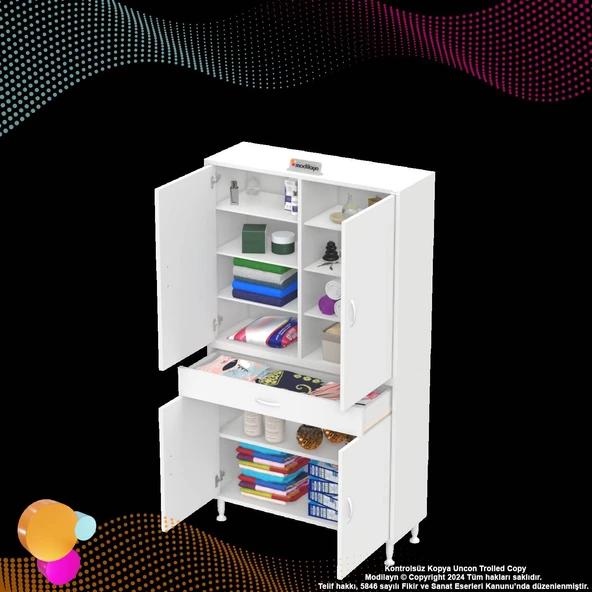 Modilayn YENİ AFRA 90 x 173 x 32,5 cm 1 Çekmece 4 Kapak 7 Raf 10 Bölme Çok Amaçlı Banyo & Mutfak Dolabı  - 6