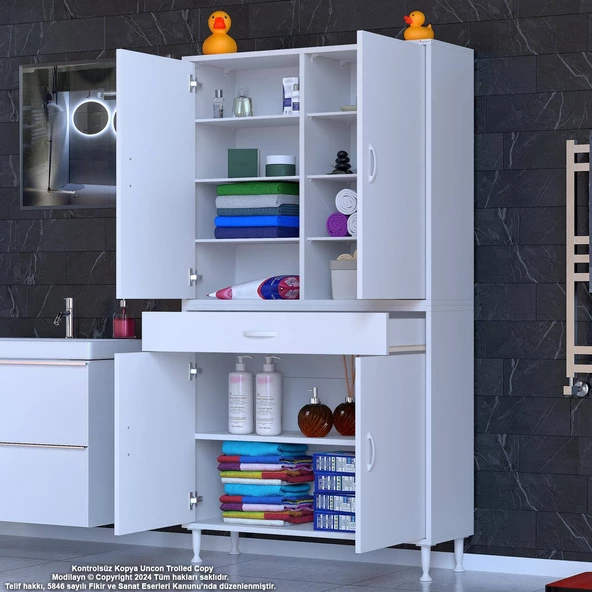 Modilayn YENİ AFRA 90 x 173 x 32,5 cm 1 Çekmece 4 Kapak 7 Raf 10 Bölme Çok Amaçlı Banyo & Mutfak Dolabı - 3