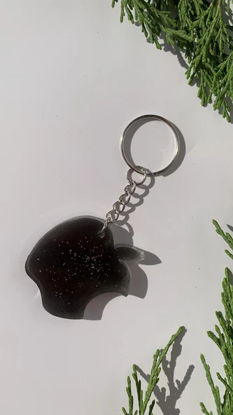 Parlak Siyah Renkli Gümüş Simli Apple Elma Şekil Gümüş Aksesuarlı Anahtarlık El Yapımı Hediyelik - Resim 5