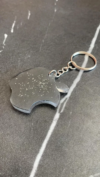 Parlak Siyah Renkli Gümüş Simli Apple Elma Şekil Gümüş Aksesuarlı Anahtarlık El Yapımı Hediyelik - Resim 6