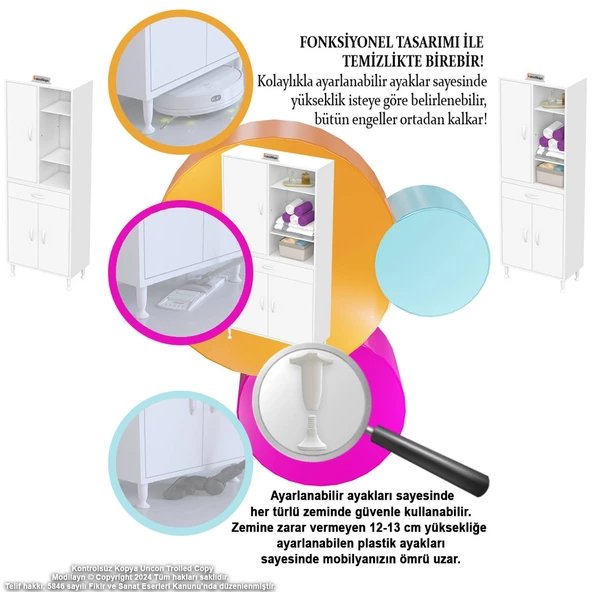 Modilayn AFRA 95x173x32,5 cm 1 Çekmece 3 Kapak 5 Raf 8 Bölme Çok Amaçlı Banyo & Mutfak Dolabı - 6