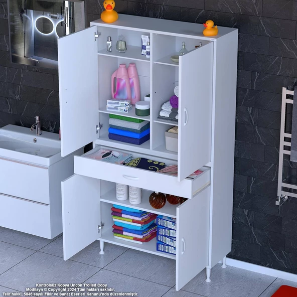 Modilayn YENİ AFRA 95 x 173 x 32,5 cm 1 Çekmece 4 Kapak 5 Raf 8 Bölme Çok Amaçlı Banyo & Mutfak Dolabı 