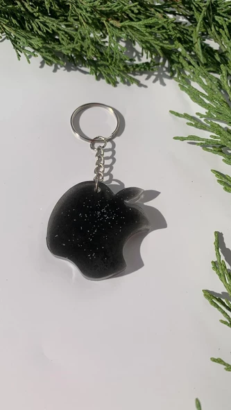 Parlak Siyah Renkli Gümüş Simli Apple Elma Şekil Gümüş Aksesuarlı Anahtarlık El Yapımı Hediyelik ürün görseli
