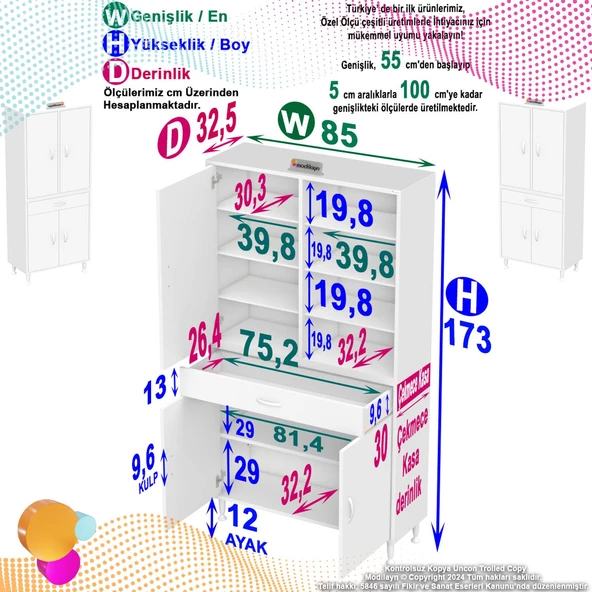 Modilayn YENİ AFRA 85 x 173 x 32,5 cm 1 Çekmece 4 Kapak 7 Raf 10 Bölme Çok Amaçlı Banyo & Mutfak Dolabı  - 4