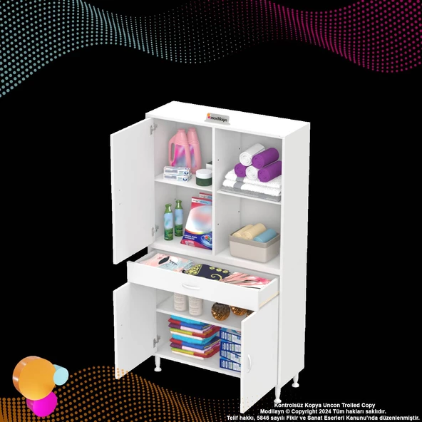 Modilayn AFRA 90x173x32,5 cm 1 Çekmece 3 Kapak 3 Raf 6 Bölme Çok Amaçlı Banyo & Mutfak Dolabı  - 7