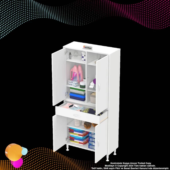 Modilayn YENİ AFRA 85 x 173 x 32,5 cm 1 Çekmece 4 Kapak 5 Raf 8 Bölme Çok Amaçlı Banyo & Mutfak Dolabı - 7