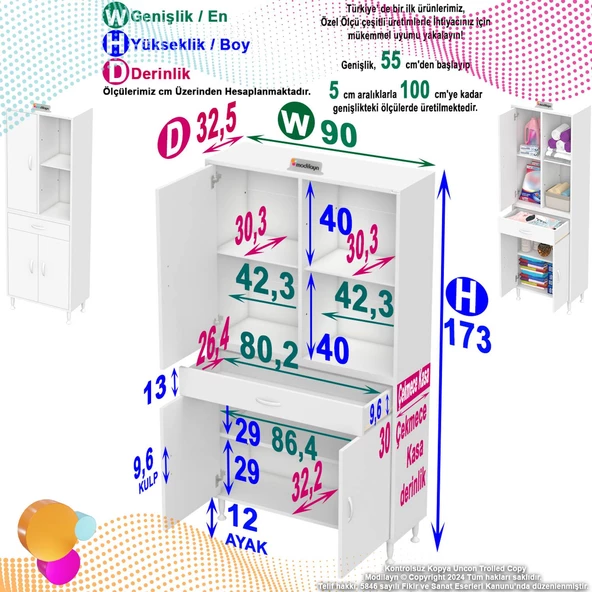 Modilayn AFRA 90x173x32,5 cm 1 Çekmece 3 Kapak 3 Raf 6 Bölme Çok Amaçlı Banyo & Mutfak Dolabı  - 4