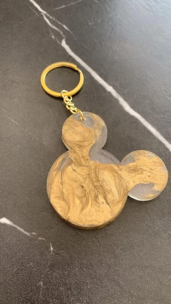 Şeffaf İçinde Gold Süslemeli Mickey Mouse Anahtarlık Gold Aksesuarlı El Yapımı Epoksi Hediyelik - Resim 4