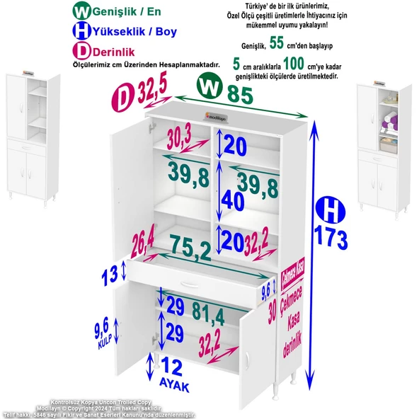 Modilayn AFRA 85x173x32,5 cm 1 Çekmece 3 Kapak 5 Raf 8 Bölme Çok Amaçlı Banyo & Mutfak Dolabı  - 4