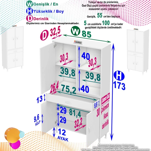 Modilayn YENİ AFRA 85x173x32,5 cm 1 Çekmece 4 Kapak 3 Raf 6 Bölme Çok Amaçlı Banyo & Mutfak Dolabı  - 4