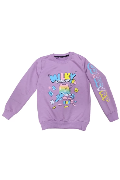 Kız Çocuk Milky Önü Arkası Kolu Yazı Desenli Lila Renk Sweatshirt