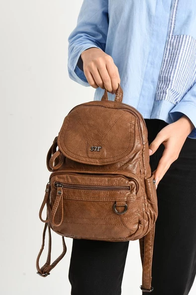 Y.S.Deri Mini Boy Kadın Sırt Çantası Vegan Deri Bayan Sırt Çantası 27*20 Cm Yumuşak Doku Çok Cepli - Resim 8