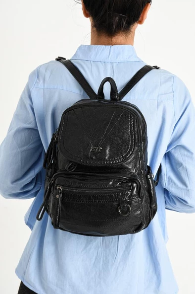 Y.S.Deri Mini Boy Kadın Sırt Çantası Vegan Deri Bayan Sırt Çantası 27*20 Cm Yumuşak Doku Çok Cepli - Resim 12