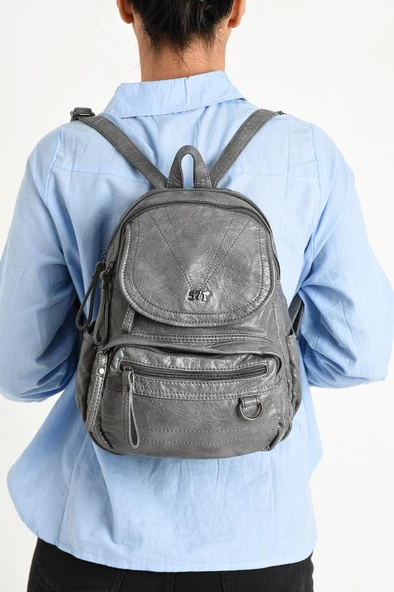 Y.S.Deri Mini Boy Kadın Sırt Çantası Vegan Deri Bayan Sırt Çantası 27*20 Cm Yumuşak Doku Çok Cepli - Resim 2