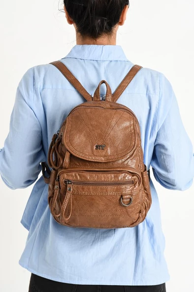 Y.S.Deri Mini Boy Kadın Sırt Çantası Vegan Deri Bayan Sırt Çantası 27*20 Cm Yumuşak Doku Çok Cepli - Resim 7