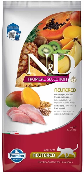 N&D Tropical Selection Düşük Tahıllı Tavuklu Tropikal Meyveli Kısırlaştırılmış Yetişkin Kedi Maması 10 KG