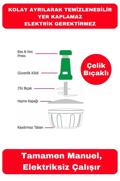 Pratik Taşınabilir Basmalı El Rondo Soğan Sebze Meyve Doğrayıcı Paslanmaz Çelik Bıçaklı El Robotu - Resim 2