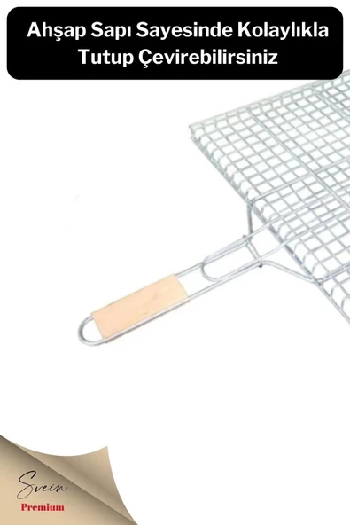 Ahşap Ağaç Saplı Kafesli Çelik Tel Izgara Mangal Barbekü Yemek Pişirme Teli 22 X 36 Cm - 3