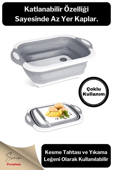 Katlanabilir Bulaşık Yıkama Leğeni Süzgeçli Kesme Doğrama Tahtası Ve Akordiyon Tıpalı Badya 1 Adet - Resim 2