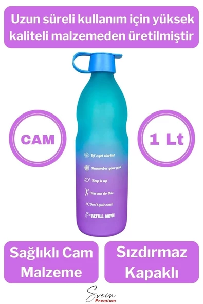 Premium Sızdırmaz Motivasyonel Sporcu Cam Renkli Su Matarası 1 Litre Suluk Tritan Bpa İçermez 1 Adet - 2
