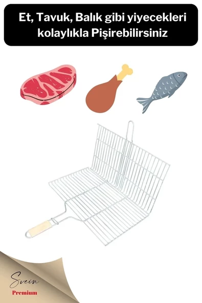 Ahşap Ağaç Saplı Kafesli Çelik Tel Izgara Mangal Barbekü Yemek Pişirme Teli 22 X 36 Cm - 2